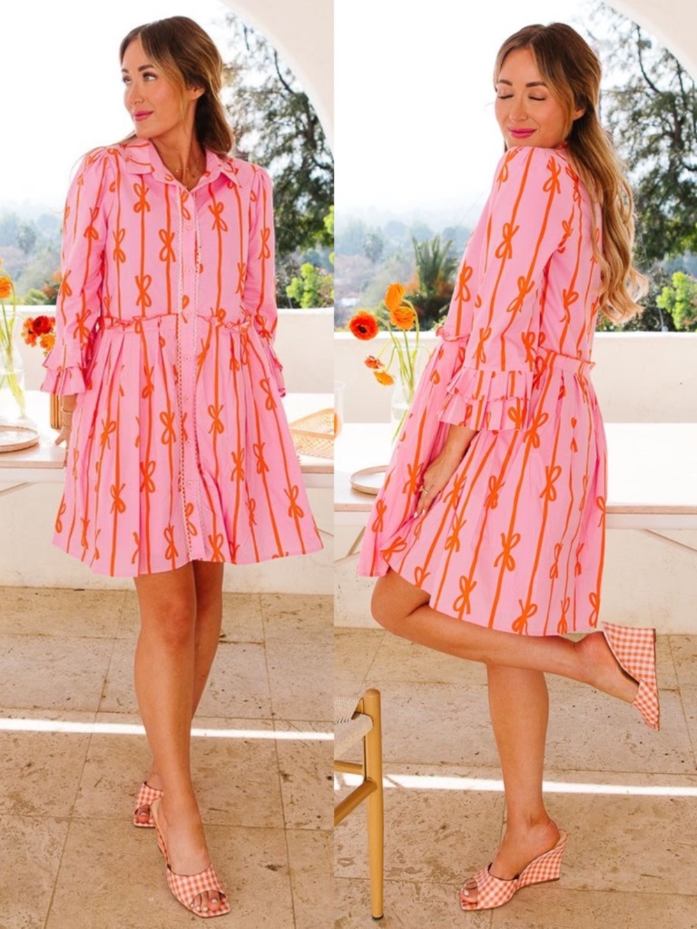 Ivy City Co Bowie Pink Orange Bow Print Cotton Tiered Mini Dress Size Small